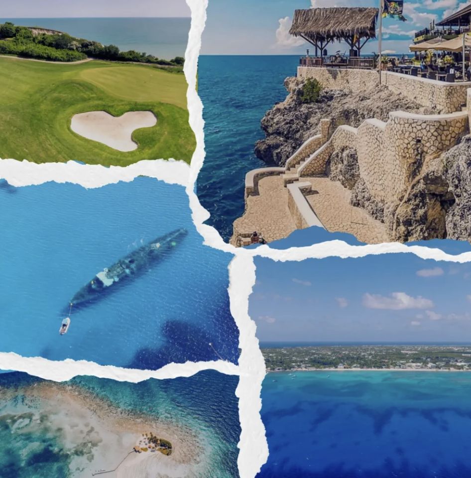 Collage: golf course, cliff-top restaurant, the Kittiwake wreck, a sandbar and Seven Mile Beach
